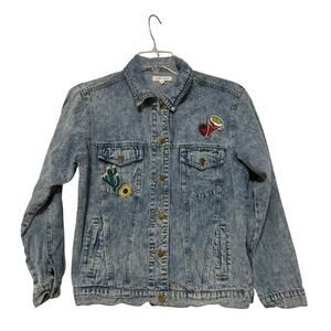 Honey Punch Distressed "Good Vibes" Denim Jacket with Patches, Size M